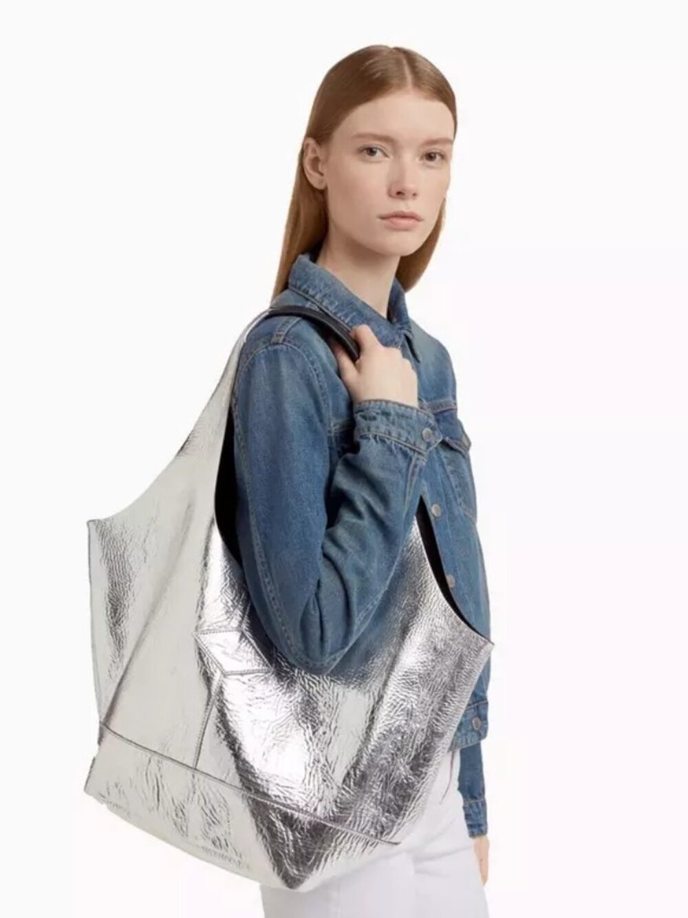 Rag & Bone Camden Shopper Metallic Silver Black Leather Tote Bag Oversized - Picture 3 of 14